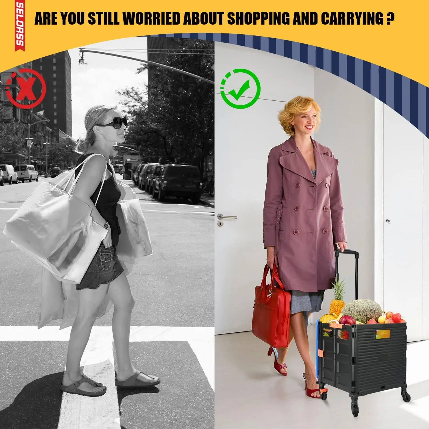 Collapsible Crate Utility Cart, Foldable Rolling Handcart Trolley & Tool Box Basket, 4 Noiseless 360° Wheels, Lid and Telescoping Handle, for Grocery Shopping, Luggage Moving, Office, School & Teacher, Blue