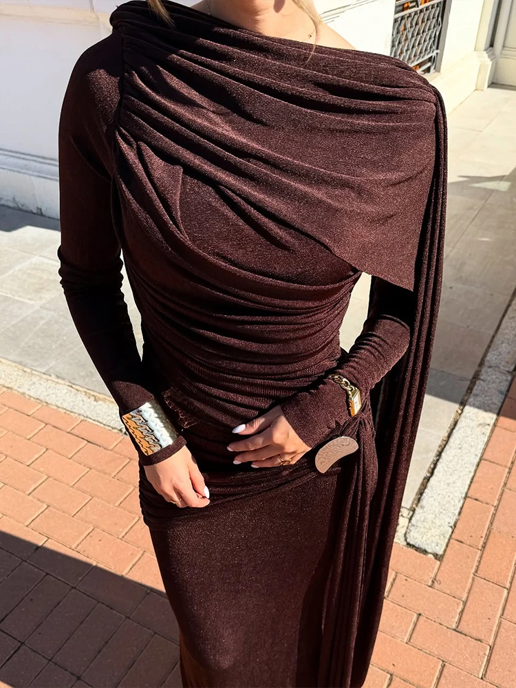 Kliou ruched elegante vestido longo mulher o pescoço manga cheia fita decoração diária casual moda versátil estilo magro vestidos