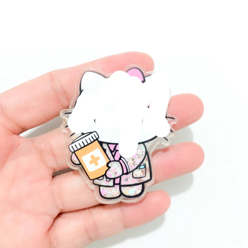 1PC Quicksand Glitter Cartoon Cat Acrylic Charm Epoxy Dentist Doctor Nurse Pendant Fit DIY ID Card Badge Holder Jewelry Making