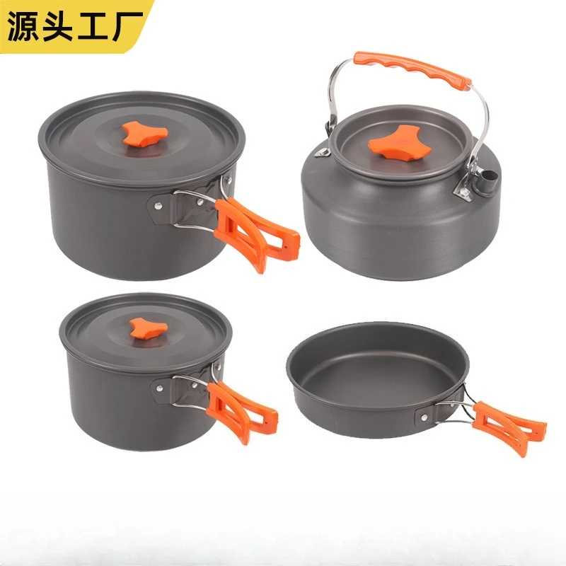 Portable Outdoor Cookware Set 4 PCS Camping Picnic Barbecue Cooking Pot Kettle Combination Kit