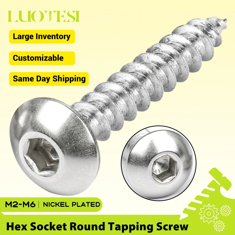 Hexagon Round Head Self-tapping Screw Nickel Plated M2 M2.3 M2.6 M3 M3.5 M4 M5 M6 Allen Hex Socket Button Head Wood Screws
