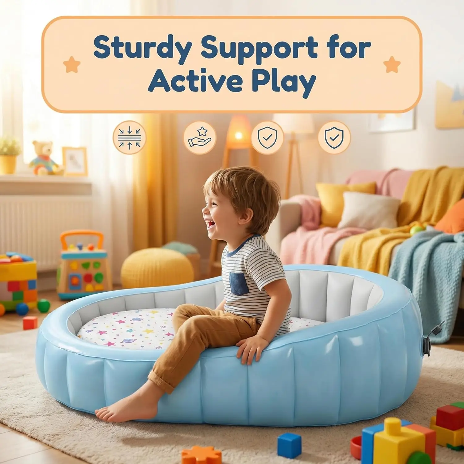 Inflatable Toddler  Bed with Safety Bumpers 4 Sided Inflatable Kids Mattress Kids Air Bed with Frame