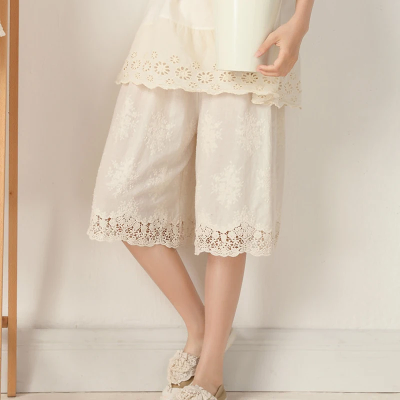 Sommer Stickerei Spitze Breite Bein Hosen Frauen Kleidung Süße Einfarbig Lose Anliegende Baumwolle Leinen Knie-länge Hosen K064