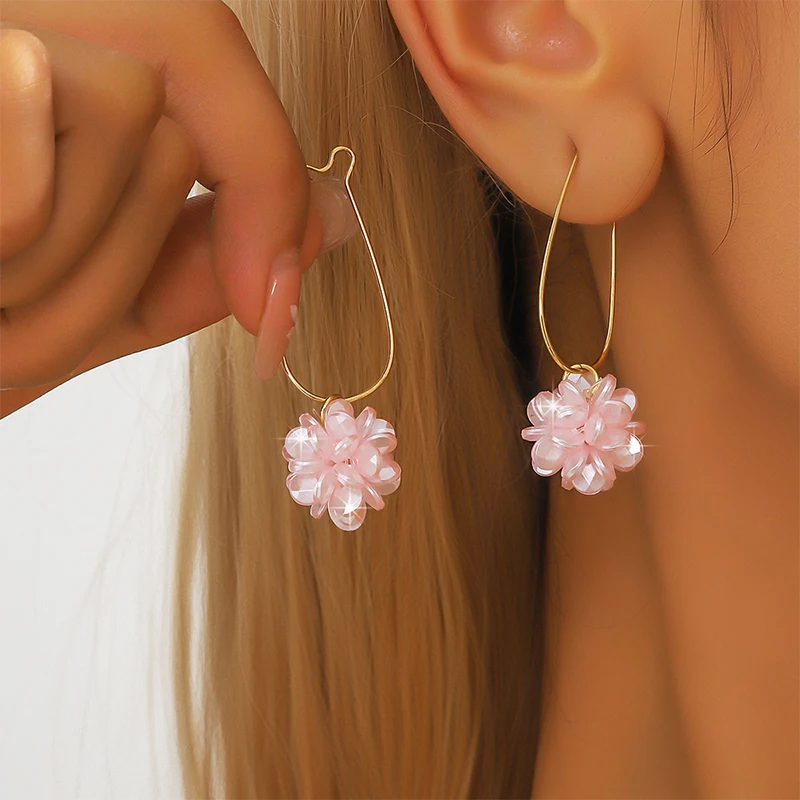 1Pair Fashion Trend Flower Ball Earrings For Women Girls Sweet Versatile Elegant Long Earrings Jewelry Accessories Gifts