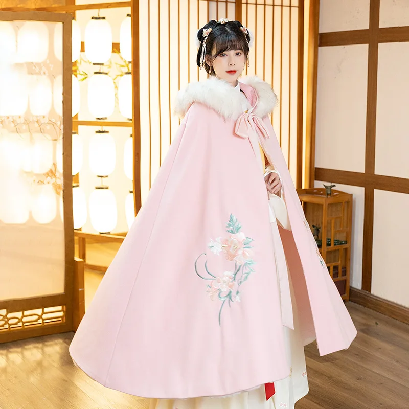 Pink Princess Hooded Cape Autumn Winter Women Hanfu Cloak Vintage Tang Dynasty Overcoat Traditional Chinese Warm Party Coat