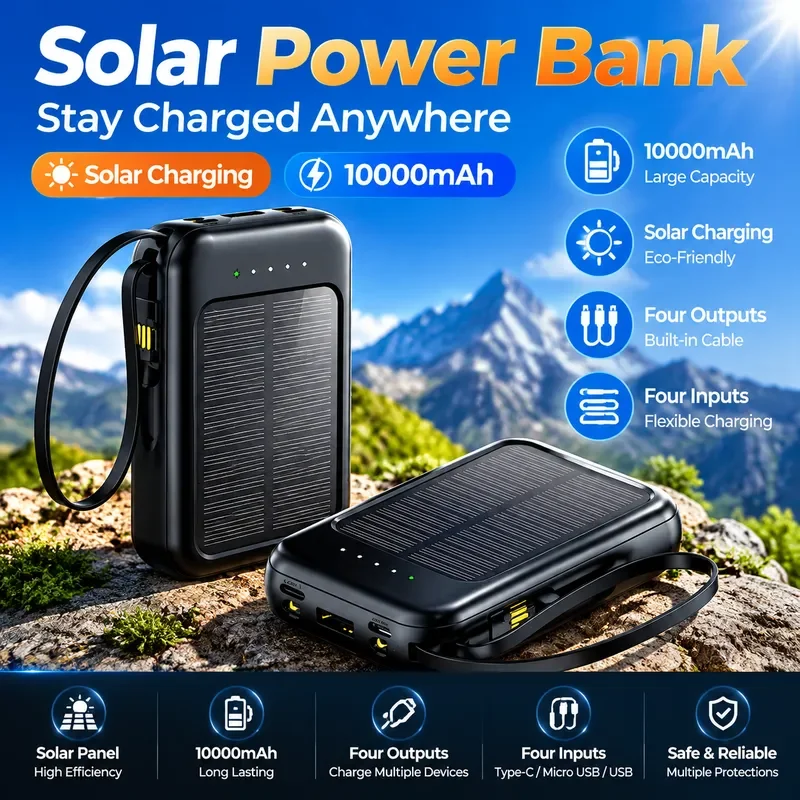 20000mAh Mini Solar Power Bank with Built in Cable Portable Mobile Power Supply