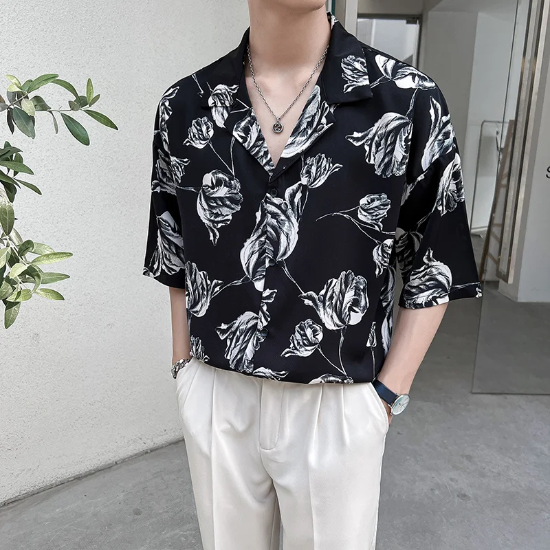 Hot Sale Summer Thin Short Sleeve Floral Shirts For Men Clothing 2024 Simple Turn Down Collar Slim Fit Casual Chemise Homme 3XL