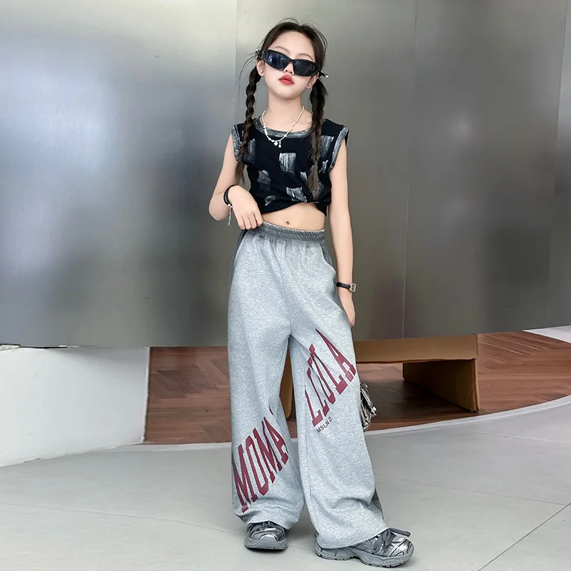 Four Seasons Pants Children Fashion Wide-leg Pants Letter Painting Girls work Trousers Loose Pantalones Sweatpants Spring Autumn