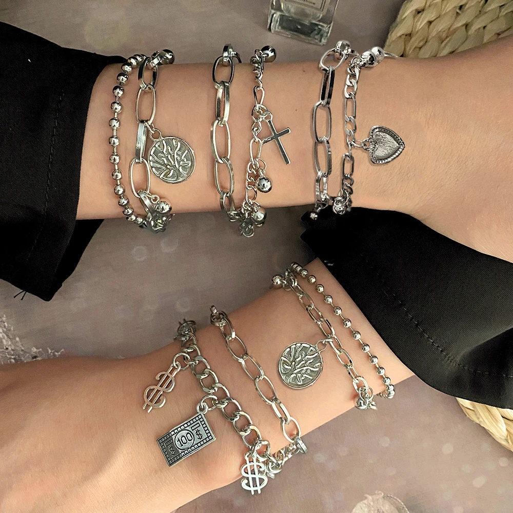 ES Punk Árbol de la vida pulseras conjunto para mujer moda multicapa cadena con cuentas pulseras de corazón brazaletes cruzados joyería