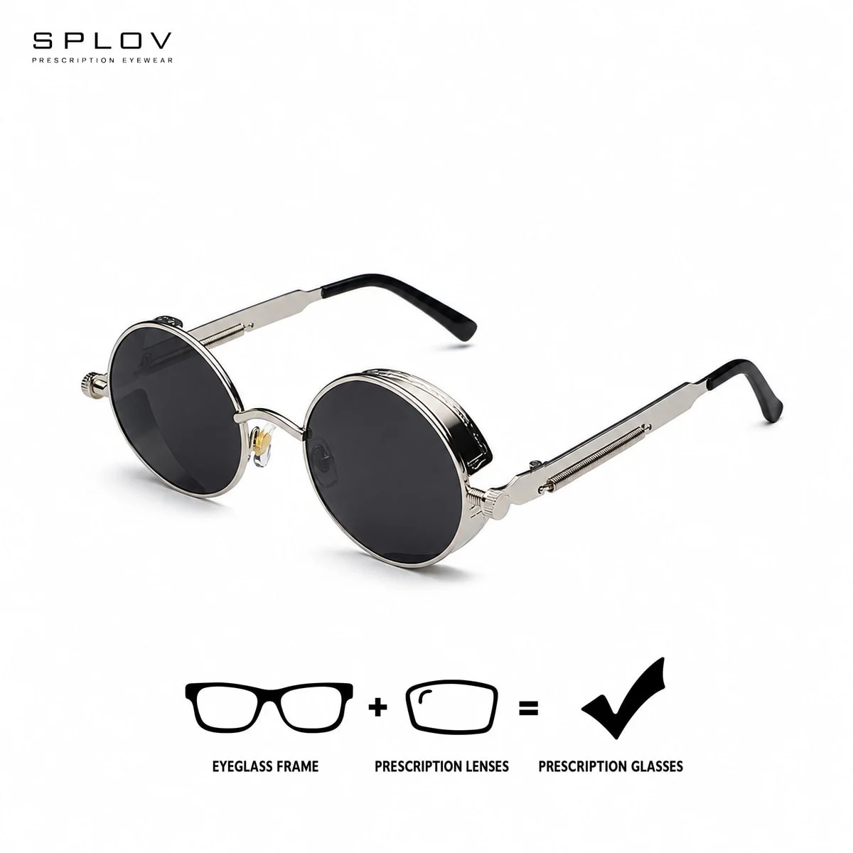 SPLOV Prescription Sunglasses Round Metal Full-Rim for Men and Women Single Vision or Progressive Tinted or Polarized Options