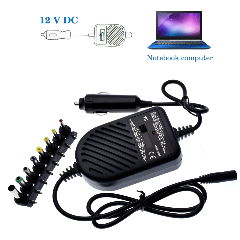 DC Power Adapter, Universal Car Laptop Charger, 80W Adjustable Multifunction Notebook Charger, with 8 DC Plug Heads