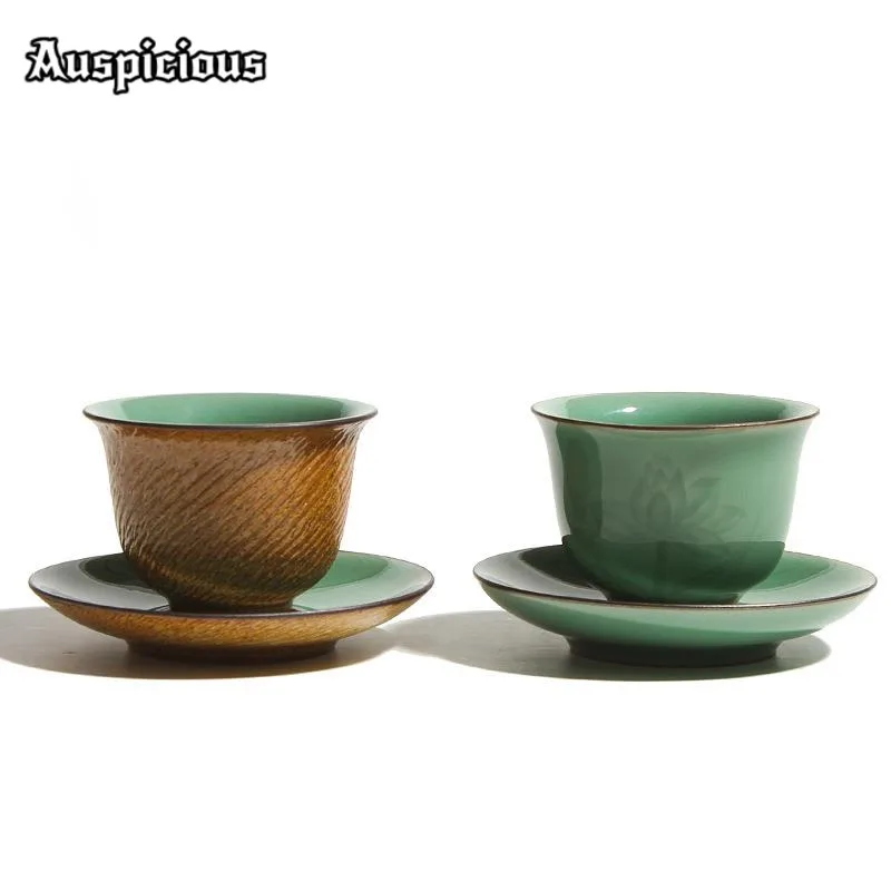 

60ml Creative Longquan Celadon Teacup Handmade Jumping Knife Master Cup Cushion Saucer Kit Tea Bowl with Holder Chazhan Gifts