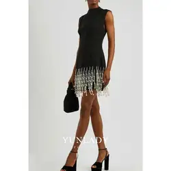 YUNLAN Luxury Dubai Pearl Pendant Sleeveless Black Mini Evening Dress 2024 Women Cocktail Party Dress Homecoming Reunion Dress