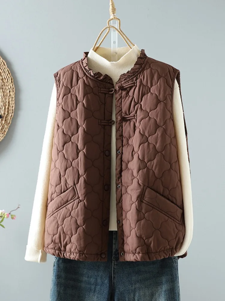 New Chinese Style Handmade Button Cotton Jacket Women's Winter Retro Cotton Padded Diamond Stitching Waistcoat Top
