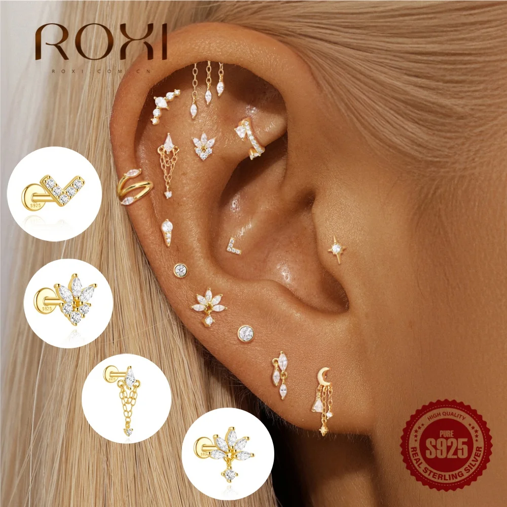 ROXI 1PC Boucle d'oreille plate en argent sterling 925 avec zircon cubique, clous à pampilles en forme de V octogonale, bijoux de luxe pour femme, cadeau idéal pour les rendez-vous