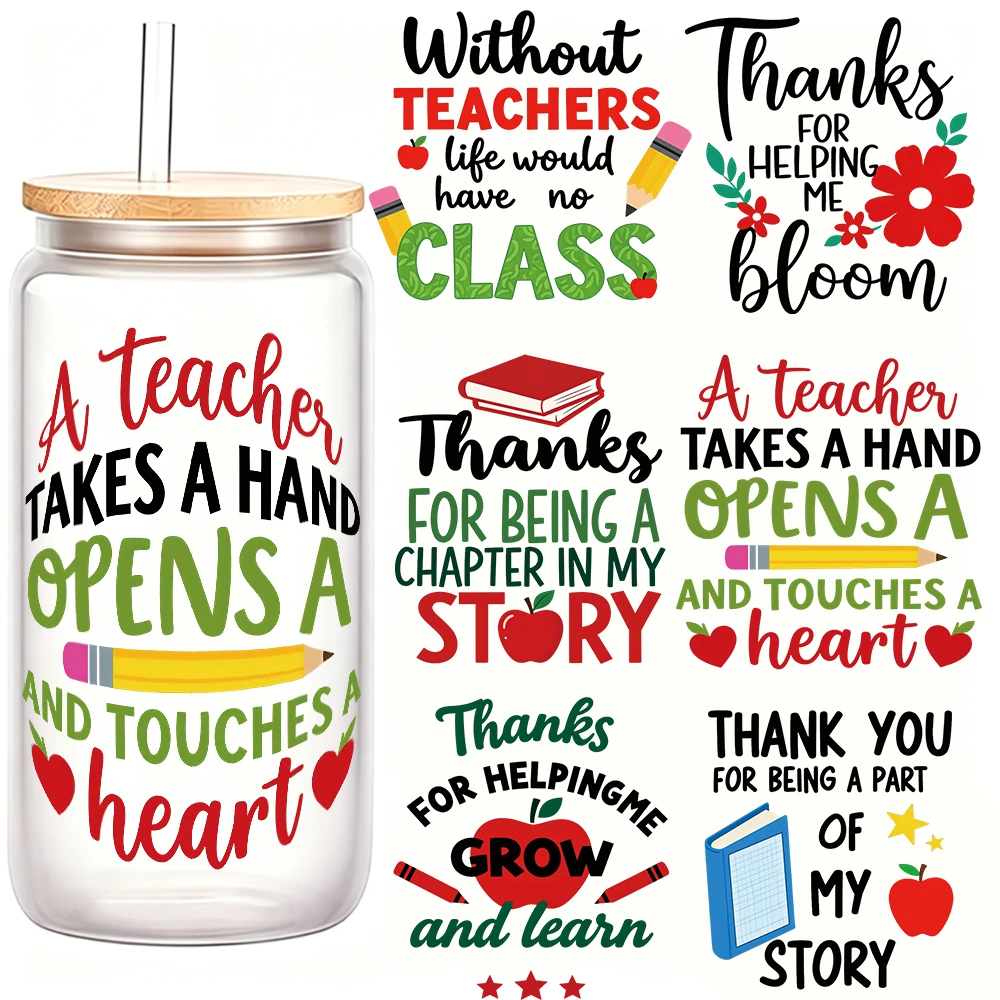 6pcs Thank You Teacher Word 3D UV Transfer Sticker Teacher's Day Quotes Graffiti UV DTF Cups Wrap Cartoon Text Transfer Paper