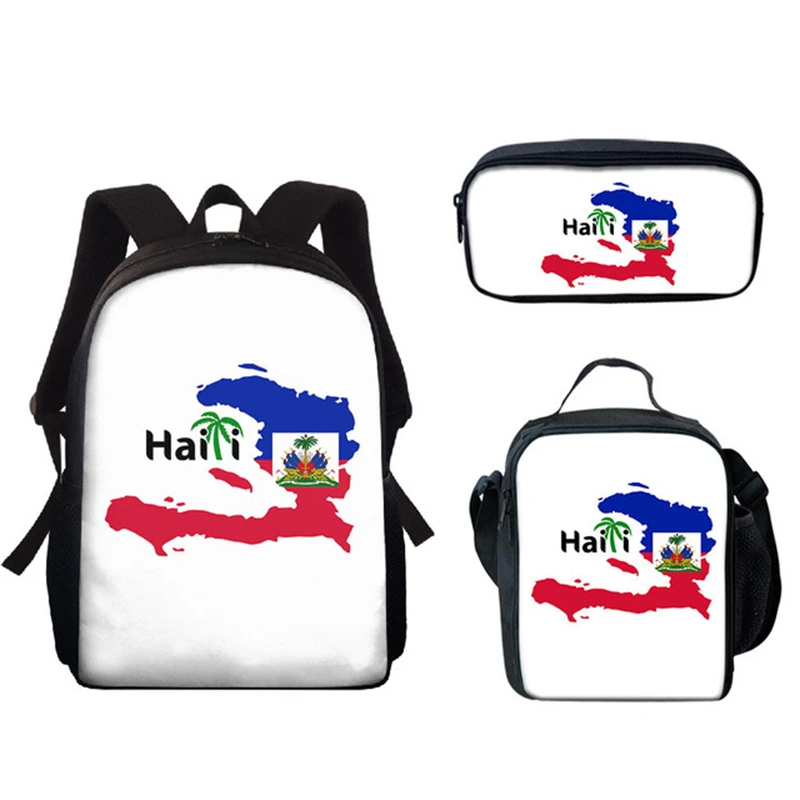 Klassieke Populaire Nieuwe Haïti Vlag 3D Print 3 stks/set Student Schooltassen Laptop Dagrugzak Rugzak Lunchtas Etui