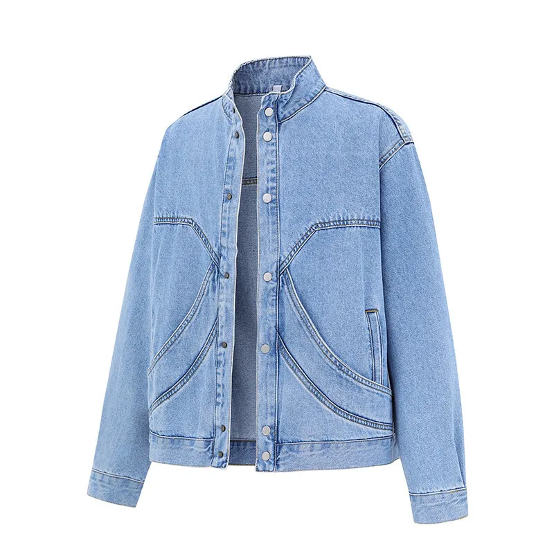 

High Quality Denim Jacket Men Spring Autumn Vintage Cargo Jean Outwear Coats Couple Streetwear Denim Jackets Stand Collar Tops