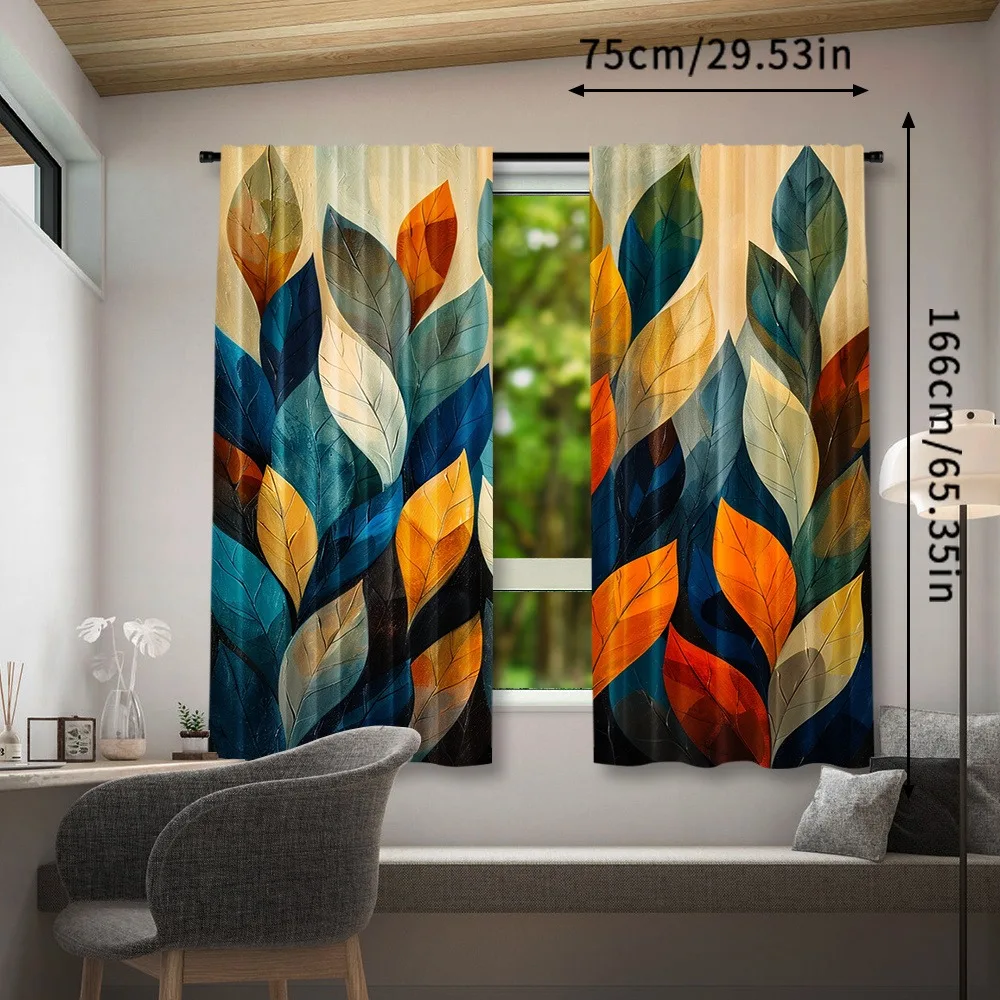 2 pieces of bright abstract leaf printed curtains - pole bag, semi-transparent polyester fiber, machine washable - perfect for b