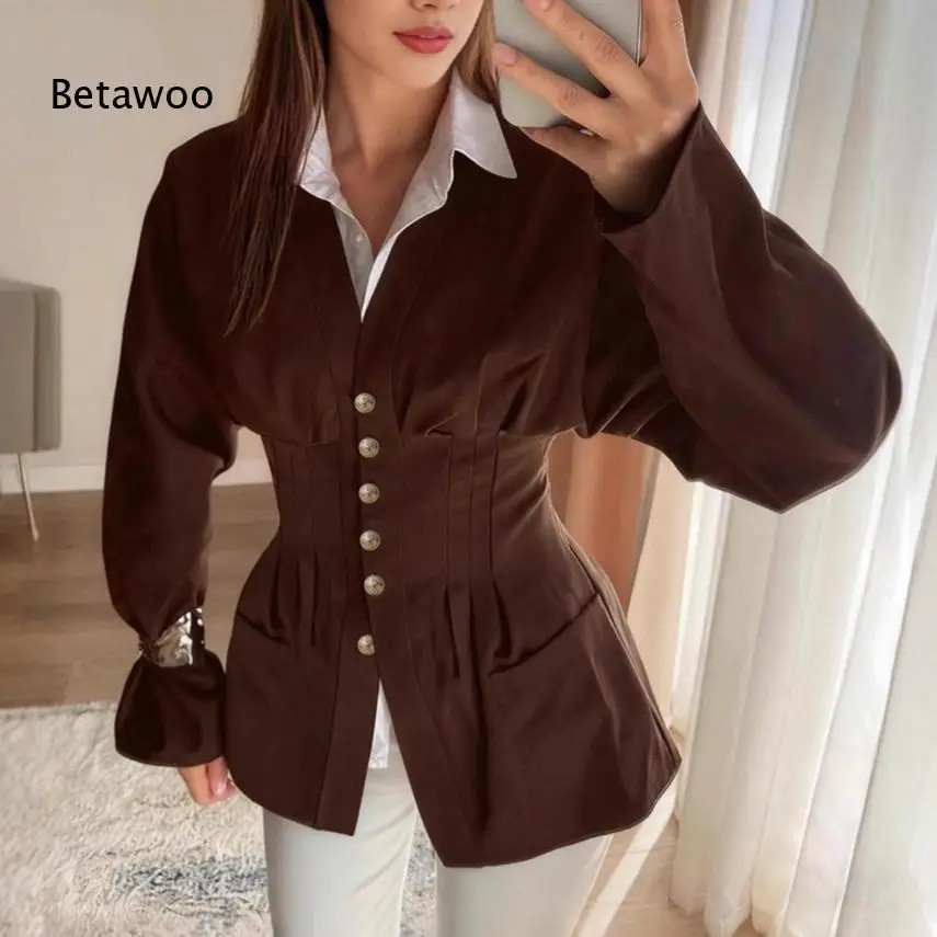 Solid Brown V Neck Corset Waist Long Flare Sleeve Button Front Blazer