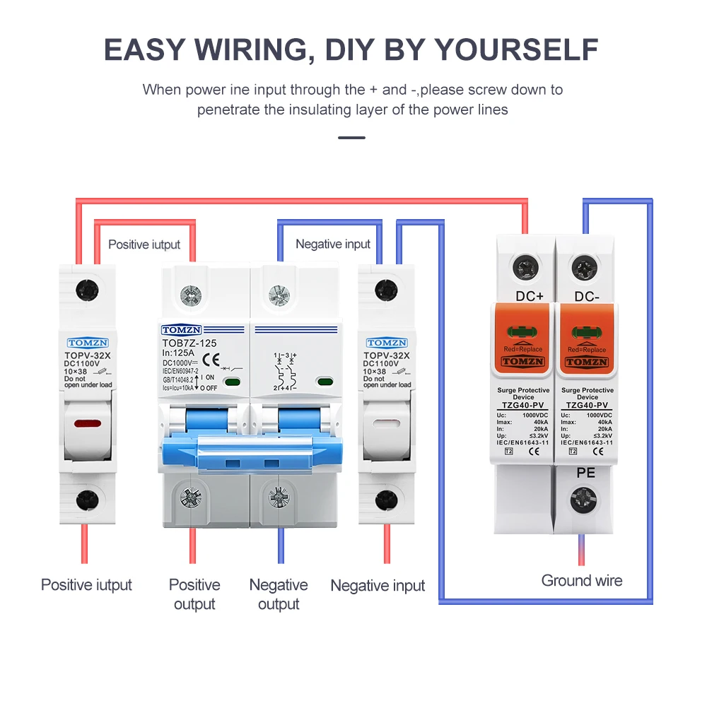 TOMZN 2P 1000V DC MCB TOMZN 80A 100A 125A Leistungsschalter PV-System C-Kurve Batterie-Hauptschalter – Detail 6