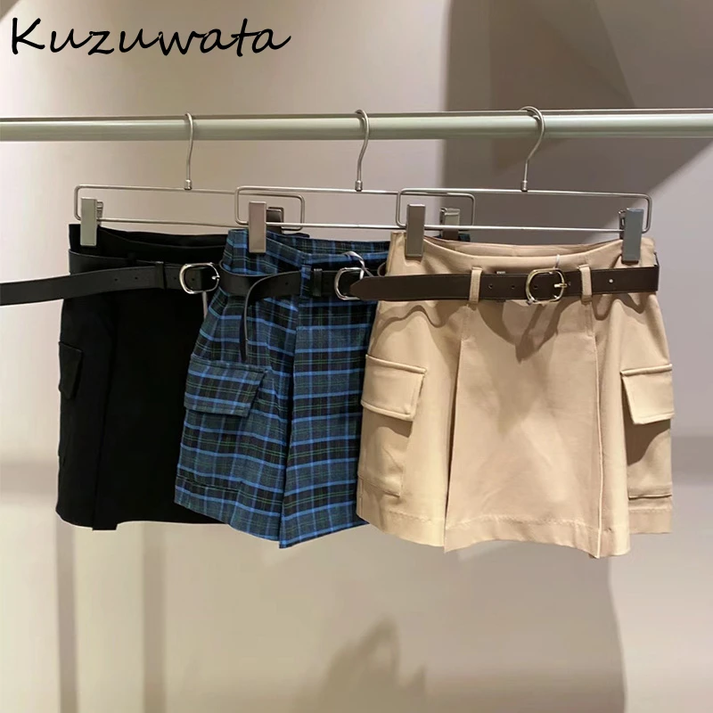 Kuzuwata Japan A-line Solid Sweet Skirt Shorts High Waist Ruched Belt Casual Woman Pants Moda All-match Elegant Mujer Pantalones