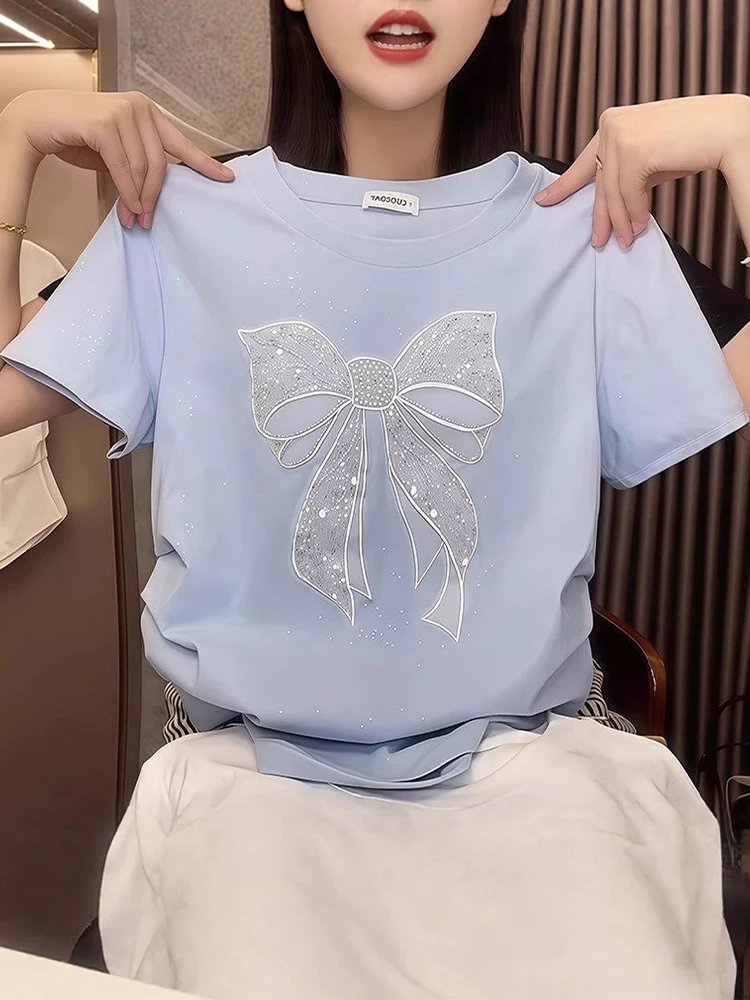 Light Blue  Knot Rhinestone T-Shirt Women's Summer New Loose Slimming Short Sleeve Top Korean Style Cotton Blend