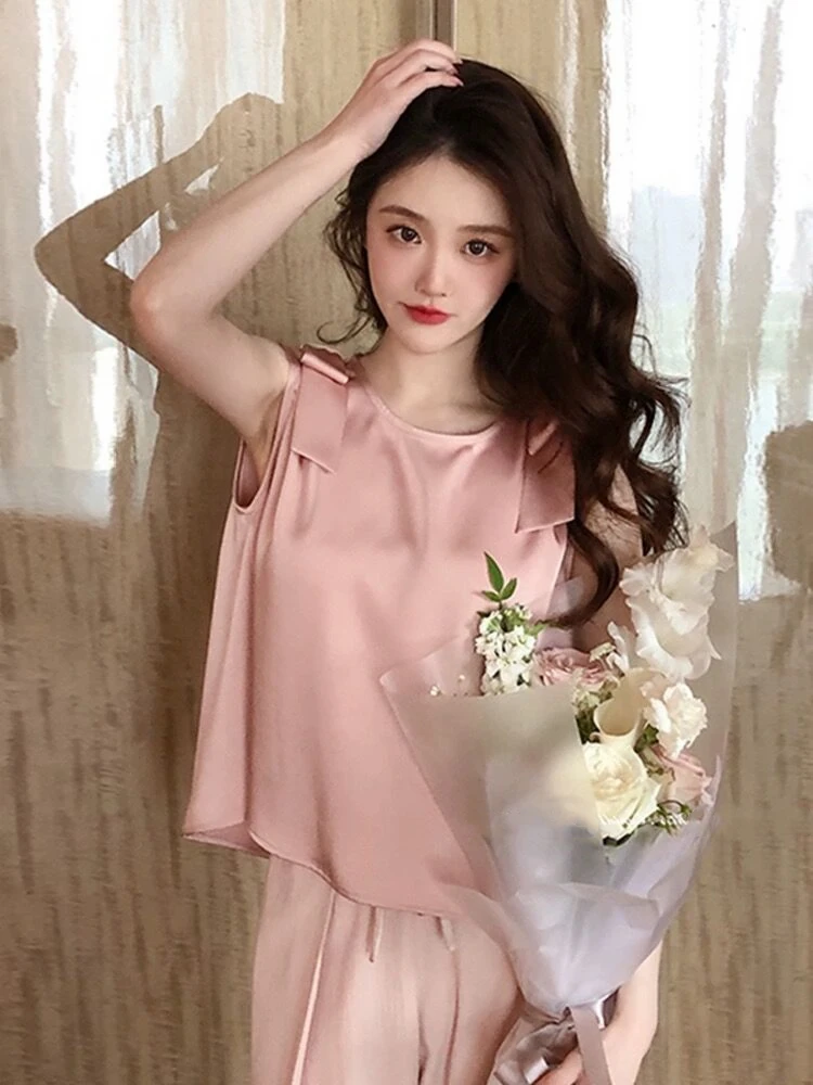 Women's Bow tie Blouses Summer Plus Size Satin Office Black Women Tunic Elegant Shirts Silk Sling Vest Woman Tops 5XL