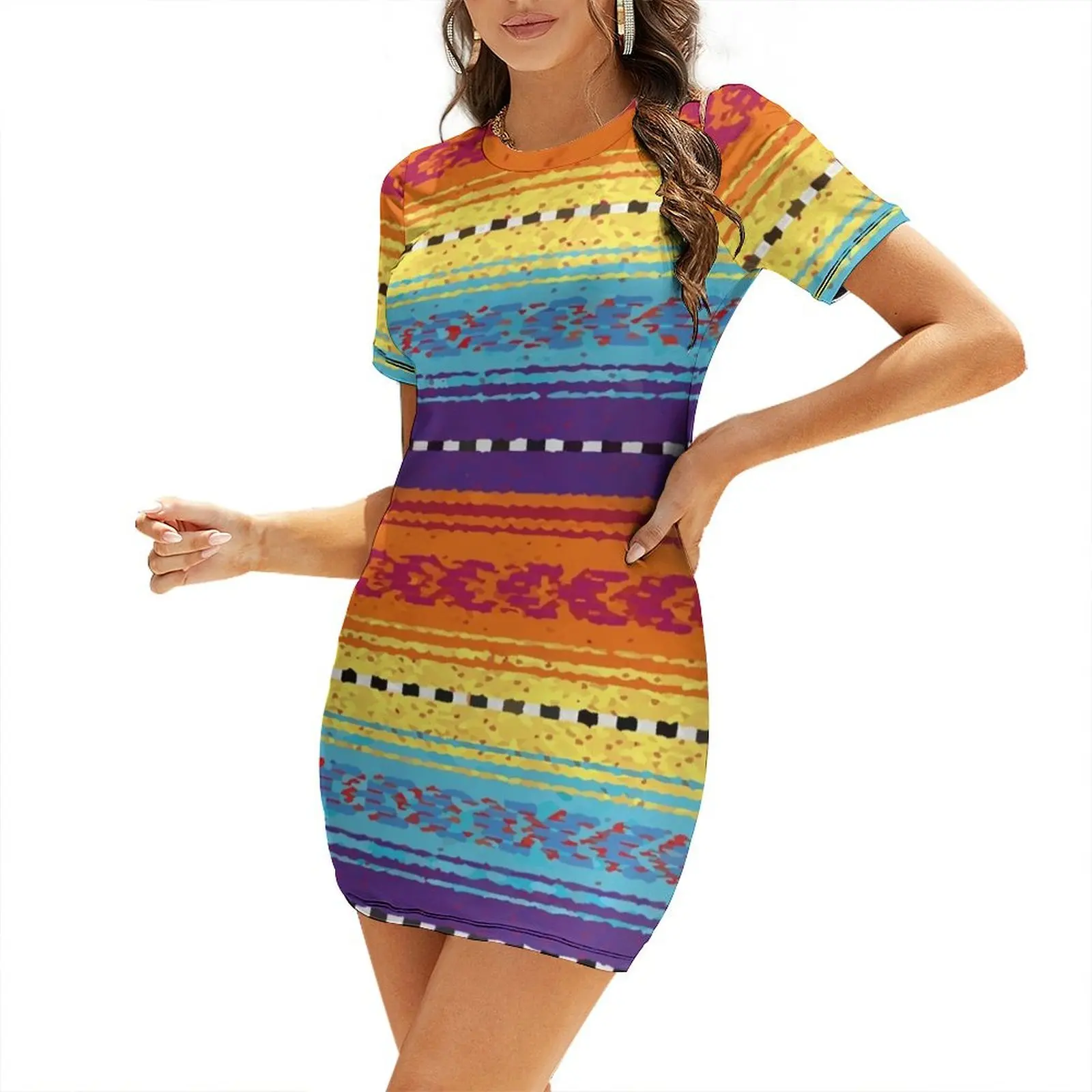 

Mexican rebozo colorful stripes poncho rainbow serape Short Sleeved Dress elegant guest wedding dress dresses for womens