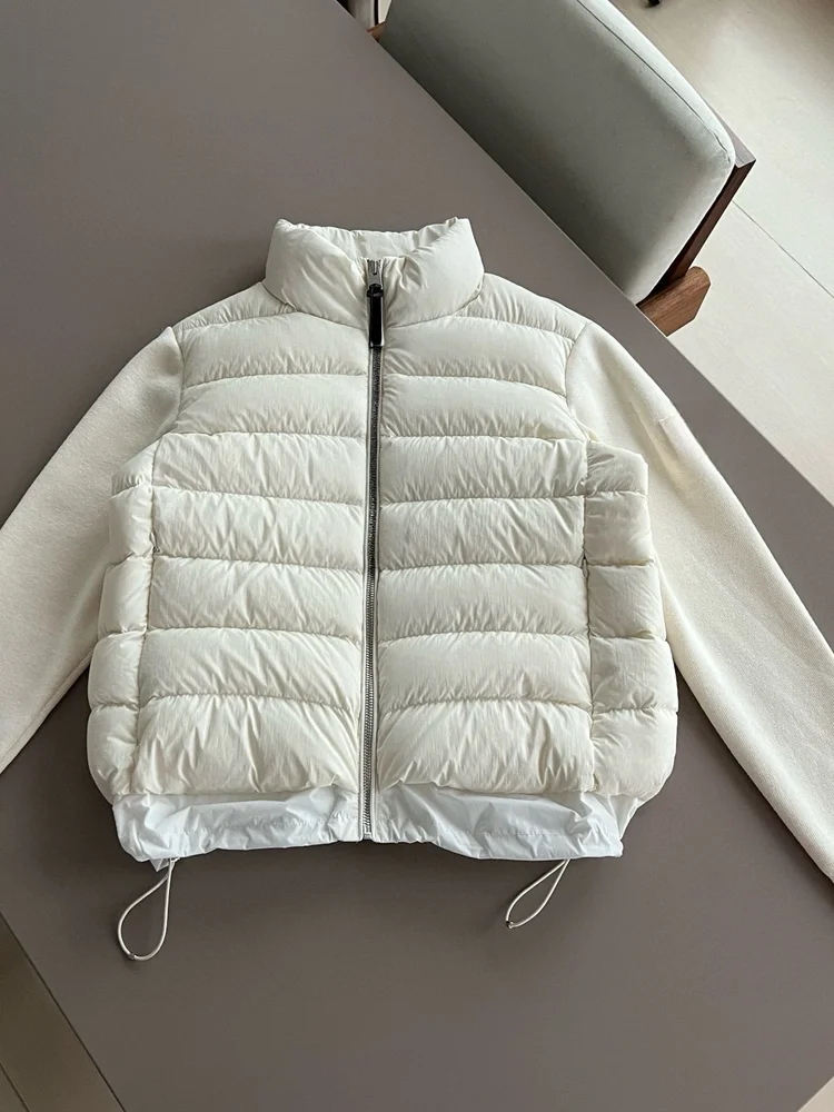 

High-End Quality Lightweight Stand Collar Knitted Patchwork Sweatshirt Fake Two-Piece down Jacket for Women Straight Cut 90% ...