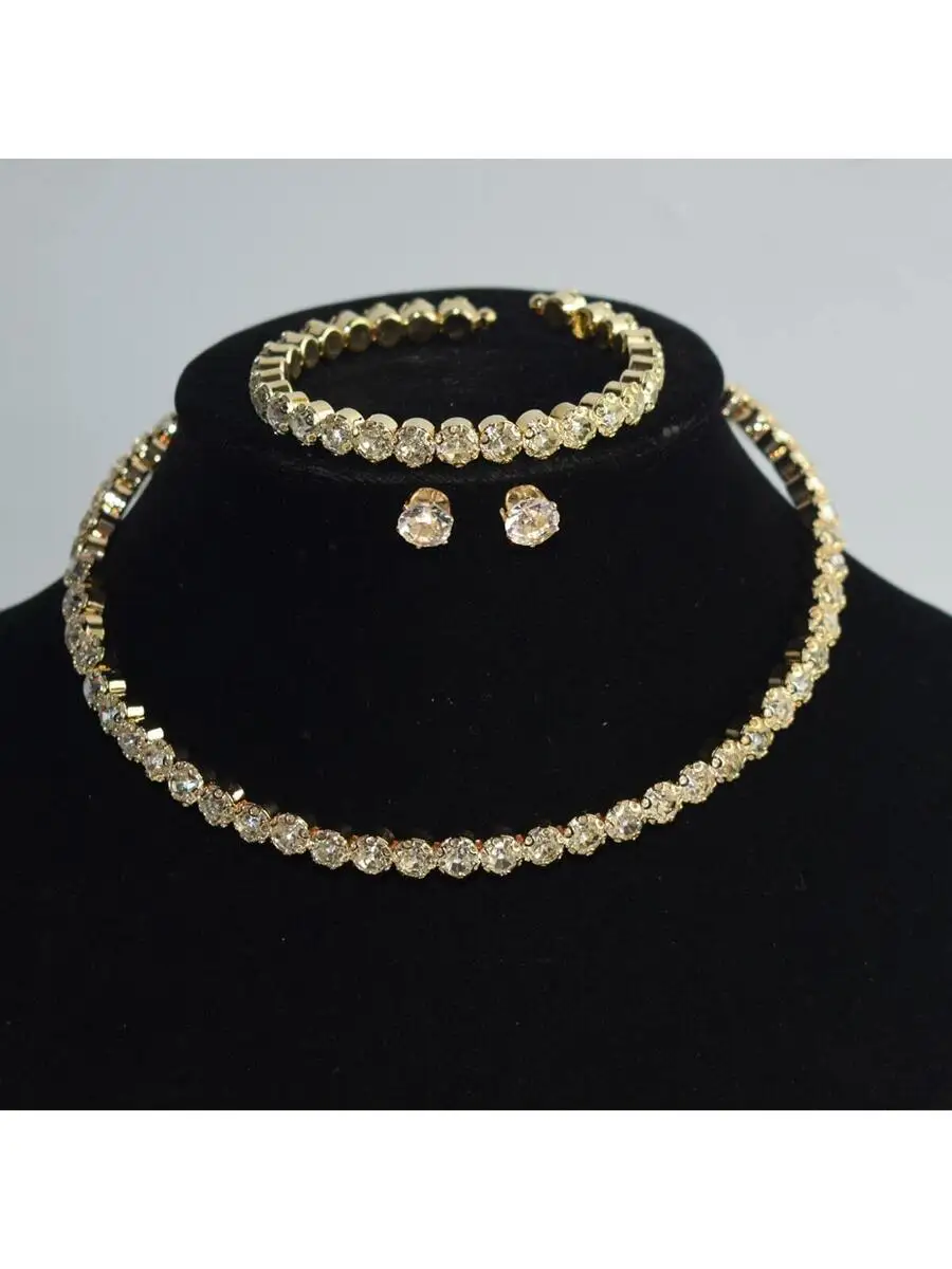 

Rhinestone Collar Necklace Bracelet Earrings Set 3pcs Classic Fashion Jewelry