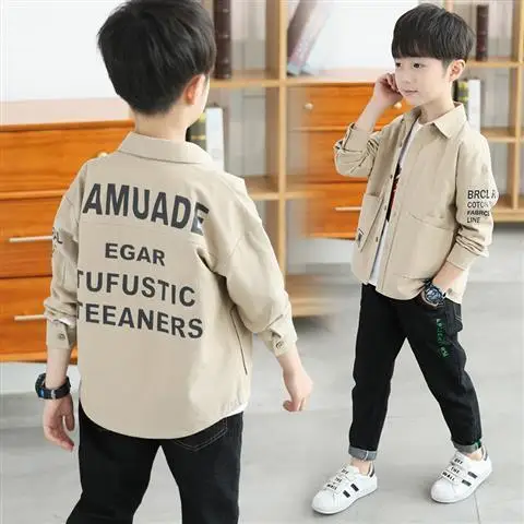 Boys Long-sleeved Shirts Spring Autumn Child Tops Formal Wear Outer Jacket Lapel Coats 8 9 10 11 12 Years Old All-match Blouses