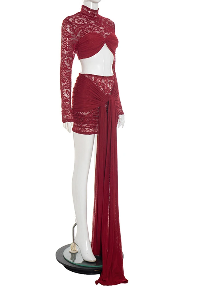 Kricesseen جميلة اقتصاص تويست التفاصيل أعلى + الأشرطة الطويلة تنورة مجموعة جلام المرأة الدانتيل الأزهار مجموعة قطعتين فستان عطلة وتتسابق