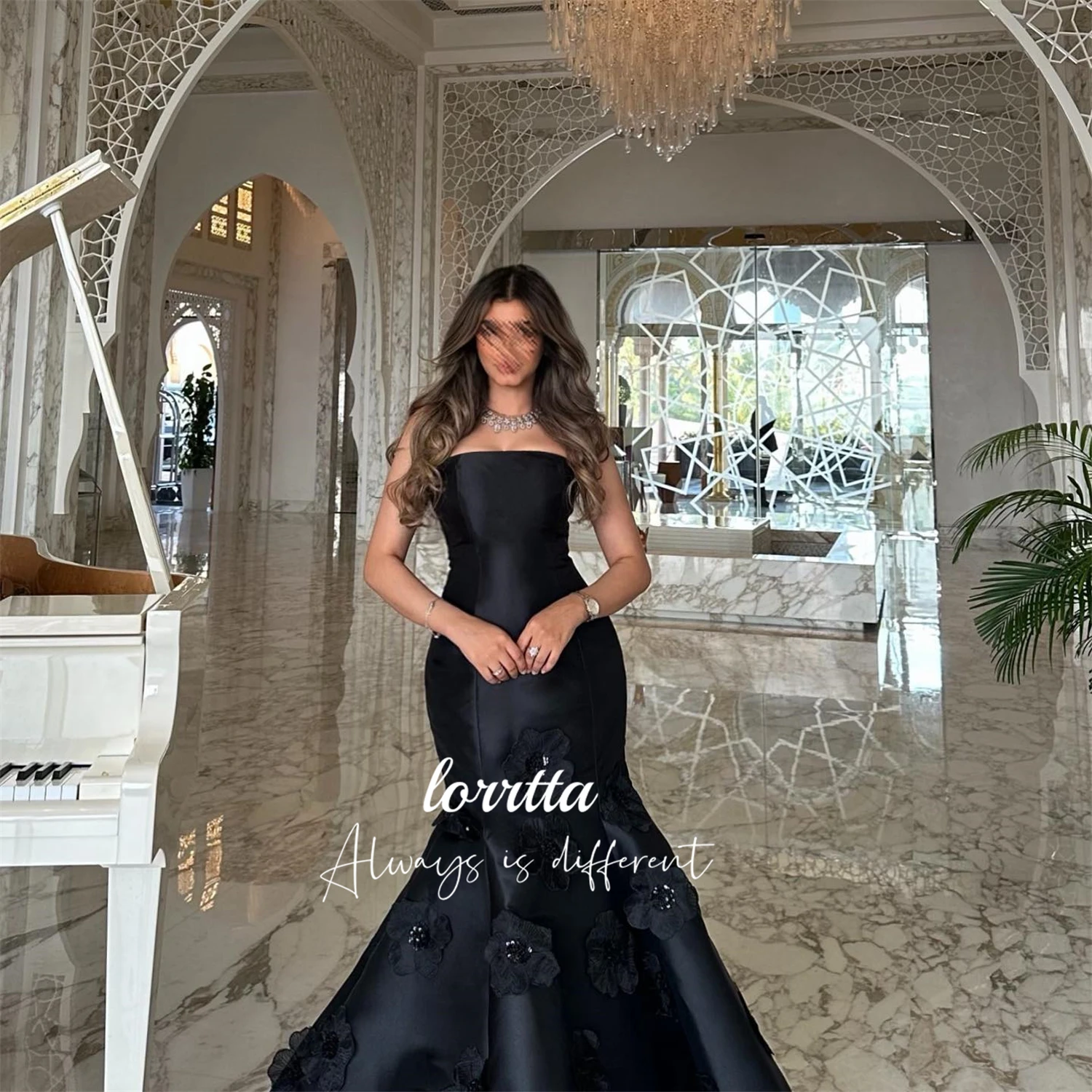 Lorrtta Black Evening Dress Luxurious Flower Decoration Satin Dresses Gala Robe De Soiree Femmes Ball Gowns Party