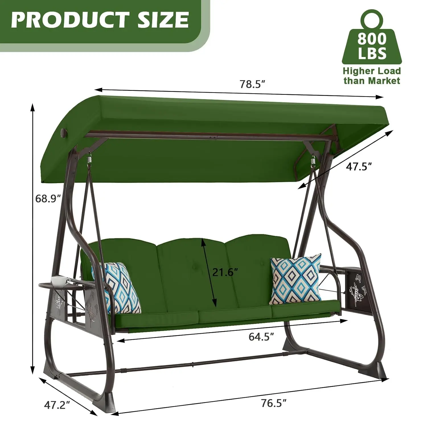 3-Seat Patio Porch Swing 800LBS Outdoor Swing with Stand w/Canopy & Adjustable Backrest Patio Glider Chair, Customized
