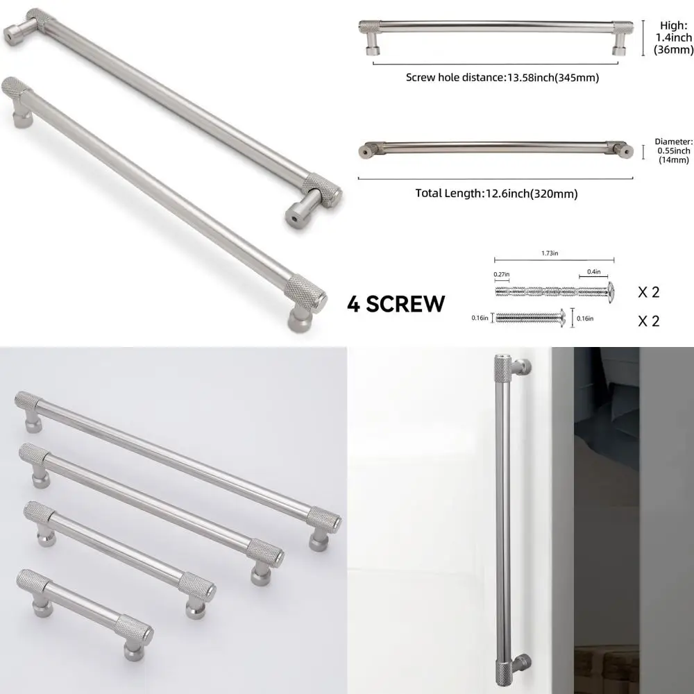 

6 шт., 12-3/5 дюймов (320 мм), матовый атласный никель, ручки для кухонного шкафа, ручки для шкафа с накаткой, серебристые ручки для ящиков, фурнитура для шкафа