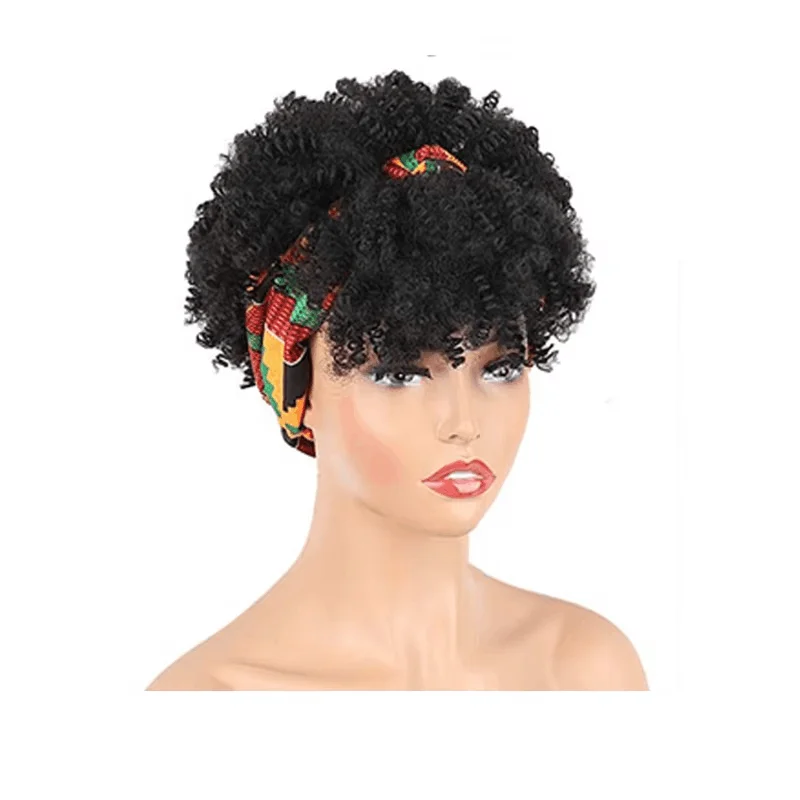 Curly Wigs for Black Women,Headband Wigs with Bangs Wrap Wig 2 in 1 Synthetic Short Afro Kinky Curly Wig with Headband Attached