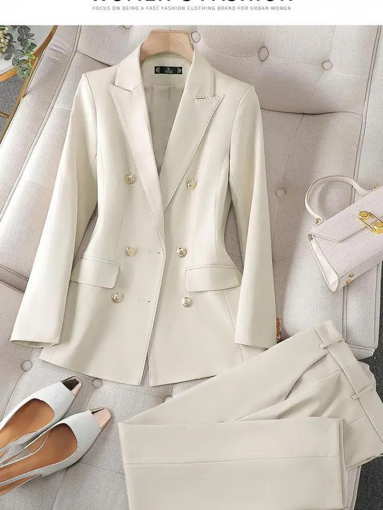 

Spring Autumn Women Solid Elegant Long Sleeve Double-breasted Blazer Coat And High Waist Pant Trend Office Lady Two-piece Sets