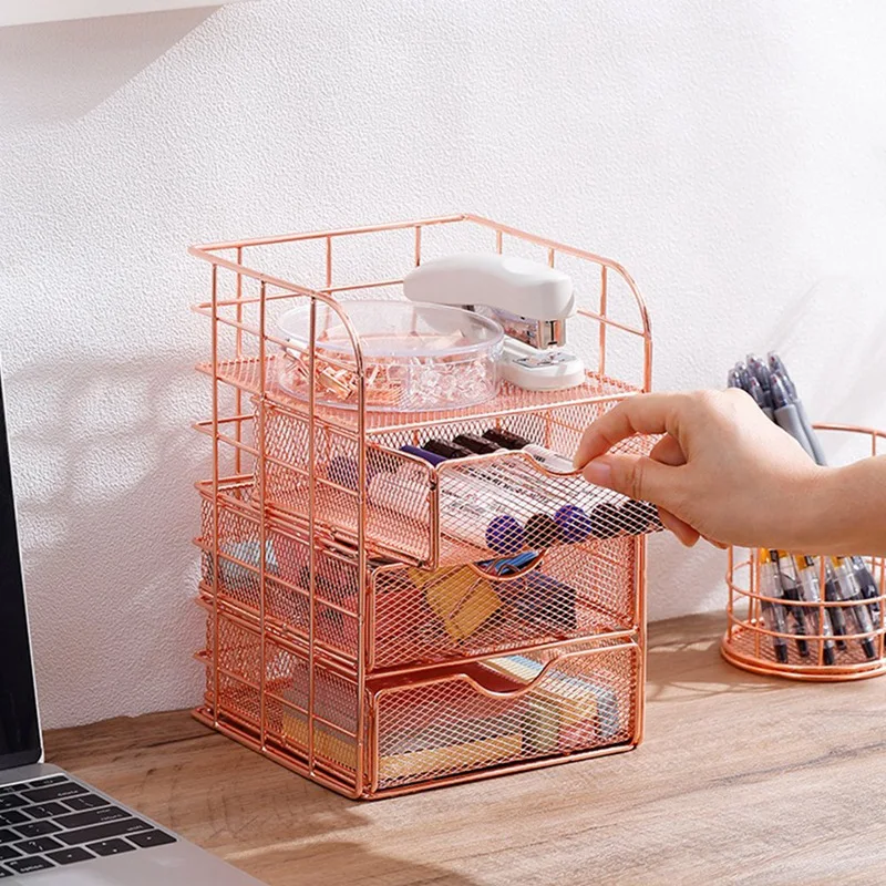 Stationery Metal File Shelf Desk Organizer With Drawers And Metal Mesh Shelving For Office, School And Home, Rose Gold