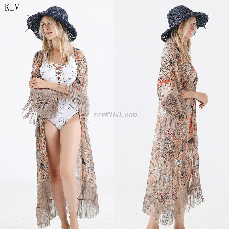 2021 Retro Printed Half Sleeve Cardigan Kimono Boho Fringed Tassels Cover Up Ankle Length Cape Beach Swimsuit