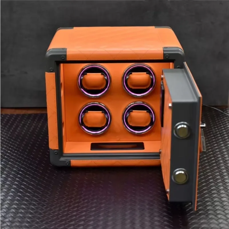 Luxury Leather Mini Watch Winder & Storage Box 4 Slots Safe Touch Screen Atmosphere Lamp Orange Black Watch Parts