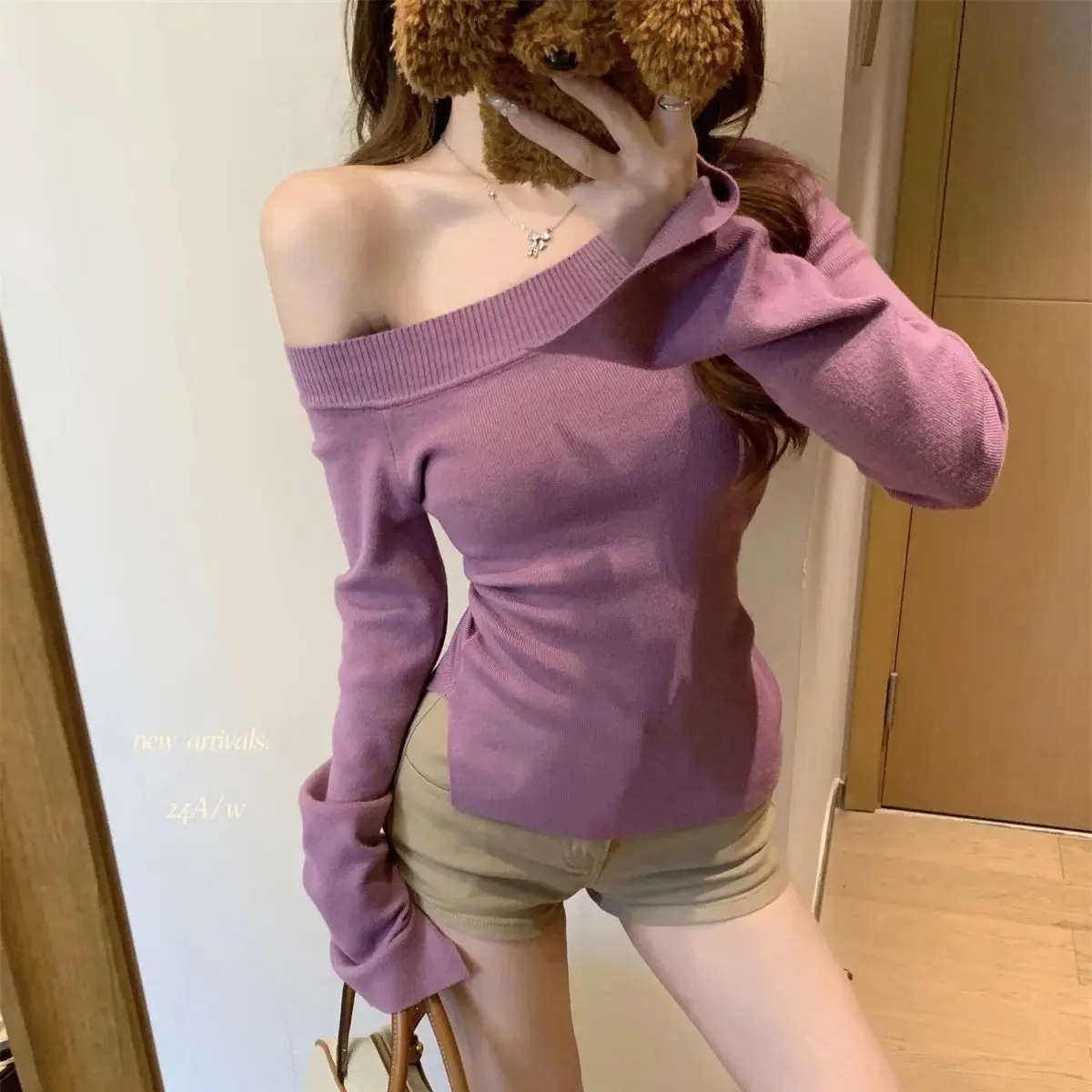 Autumn and winter pure color sexy one-shoulder drawstring sweater bottoming sweater top