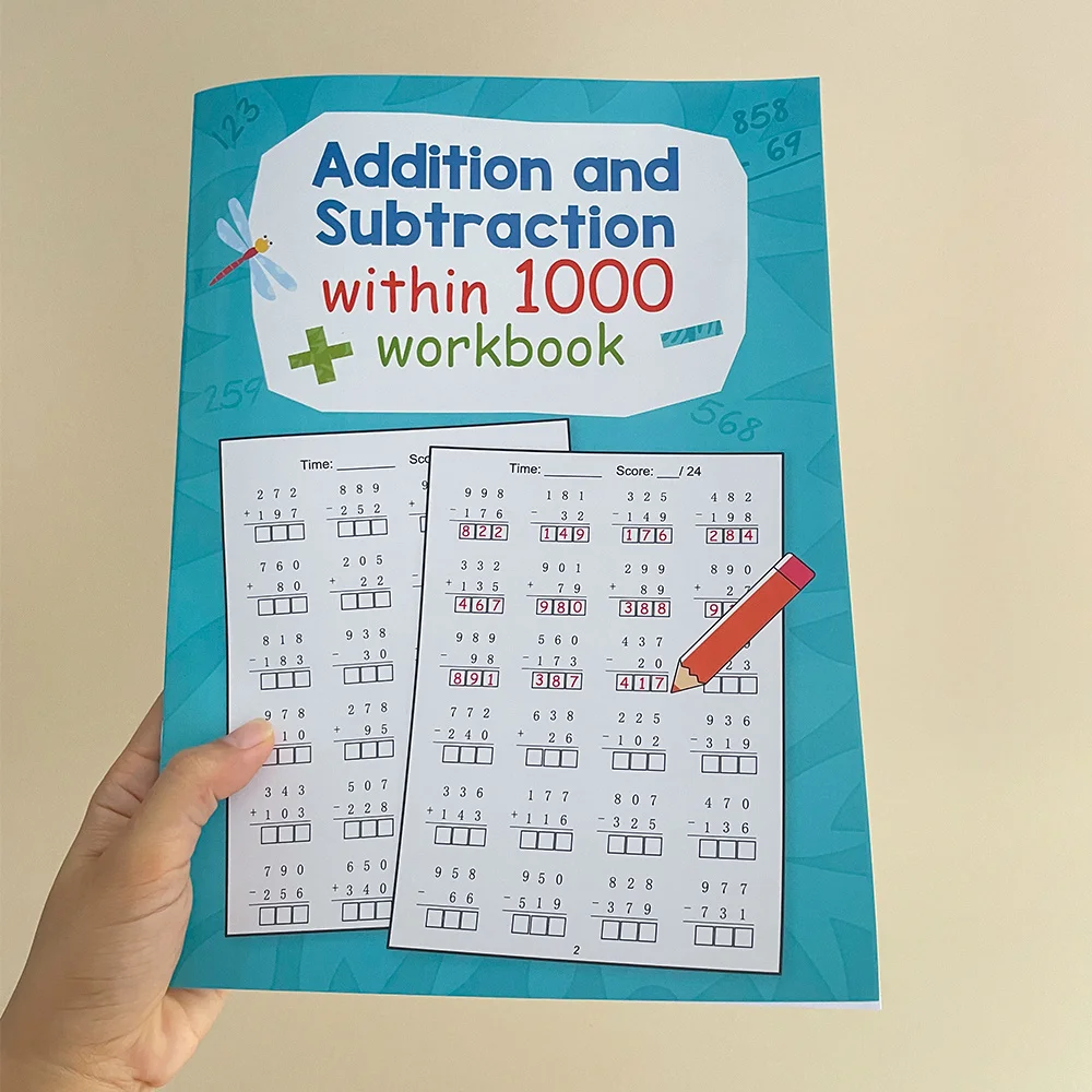 A 32-page math workbook on addition and subtraction within 1000, a math workbook activity worksheet