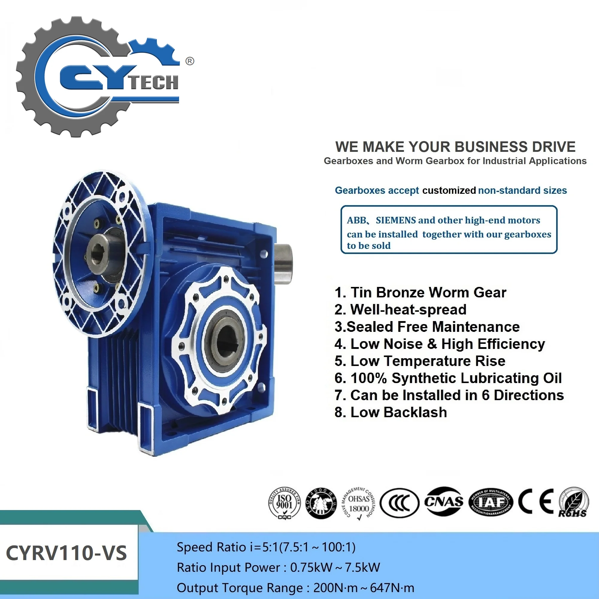 CHENYUE Worm Gearbox NMRV Gear reducer CYRV-VS 110 Input 19/24/28/38mm FL 80B5/90B5/100B5/132B5 Output42mm Ratio 5-100