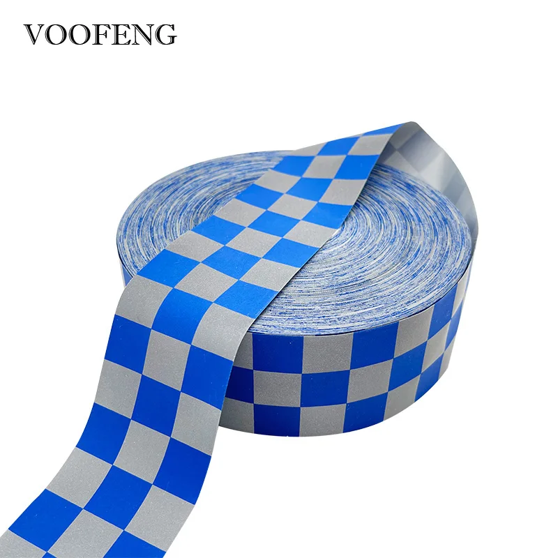 

VOOFENG Blue Check Printed High Intensity 100% Polyester Reflective Fabric Sewing on Policeman Workwear Clothes Warning Tape