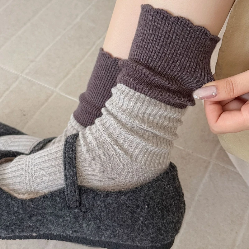 اليابانية الرجعية النساء الجوارب الخريف والشتاء Harajuku موضة اللون مطابقة الجوارب الطويلة النساء JK لوليتا Kawaii لطيف مكشكش الجوارب #1