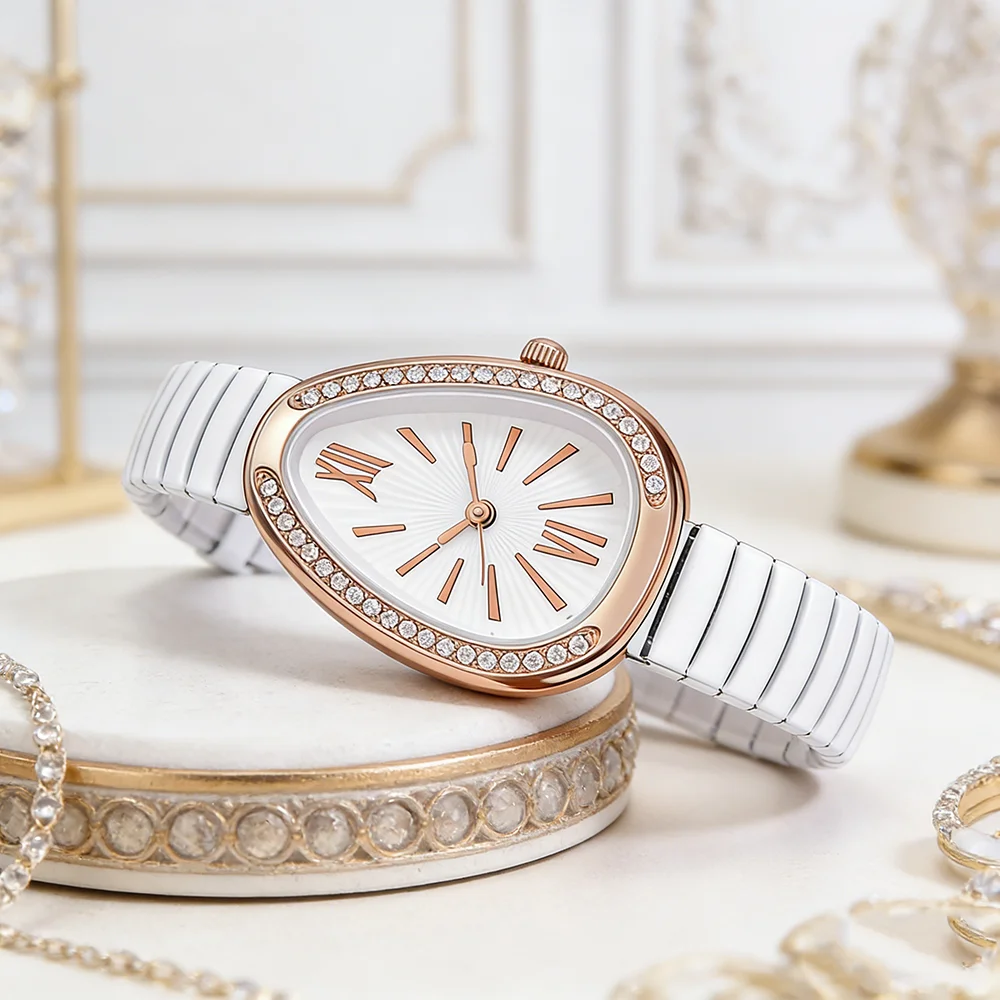 Elegant Women's Teardrop Snake Watch Crystal Bezel Rose Gold White Elastic Band Quartz Wristwatch