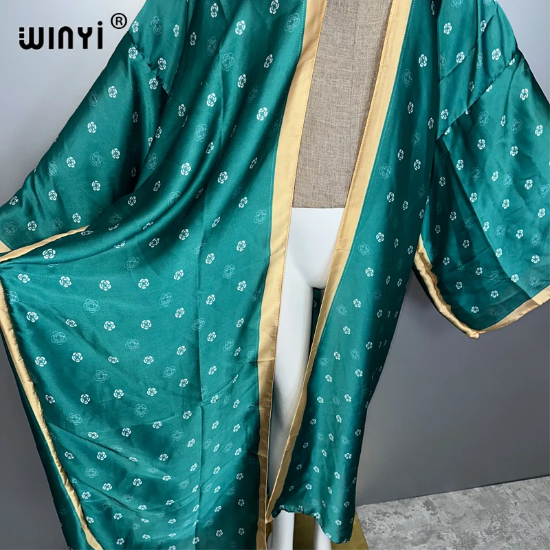 WINYI kimono fashion print sweet lady beach Bohemian long Cardigan Cover-up stitch Casual Boho Maxi Holiday party kimono