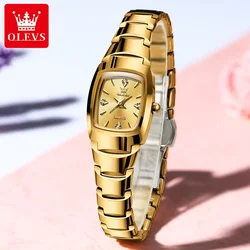 OLEVS Tonneau Tungsten Steel Watch for Women Luxury Brand Gold Quartz Ladies Watch Waterproof Original Quartz Women's Watches