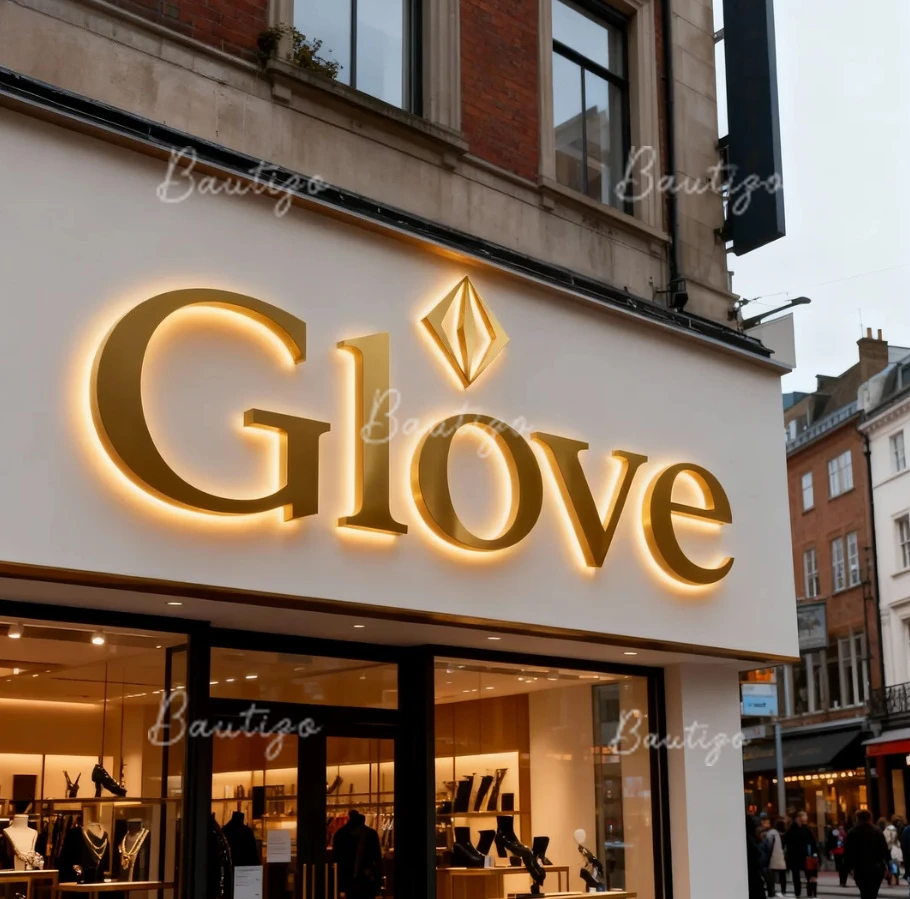 Panneau de magasin de gants, Logo personnalisé, lettres de canal LED, réception en métal rétroéclairé, publicité 3D, lettres d'affaires personnalisées, panneau néon